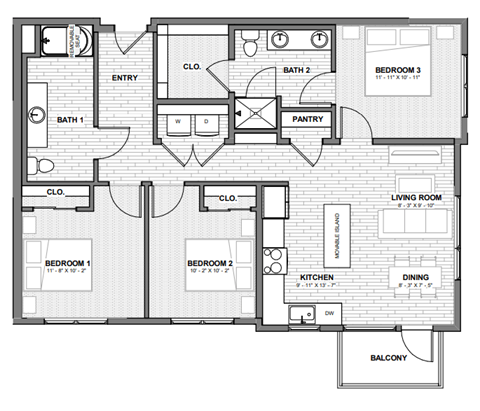 Floor plan for 3 beds, 2 baths, 1090 sqft